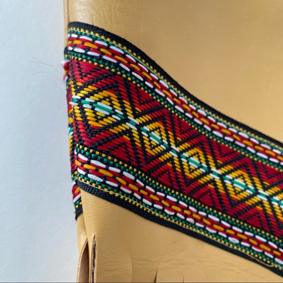 Vintage Native American Fringe Vegan Leather Sheath Dress Embroidery Tan Gold M - Picture 4 of 14